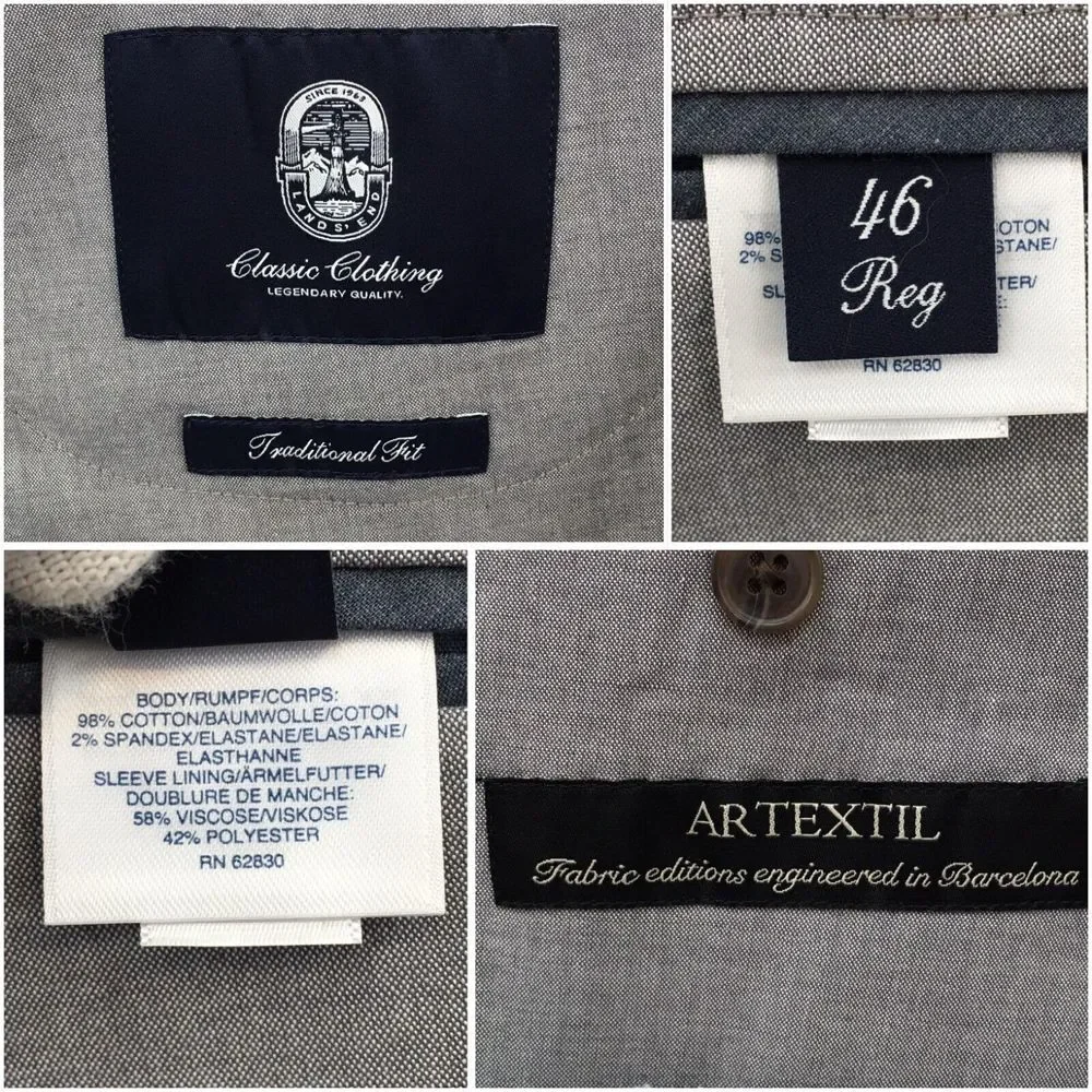 LAND'S END Mens Blazer Sport‎ Coat Casual Jacket Size 46R Gray Cotton Suit